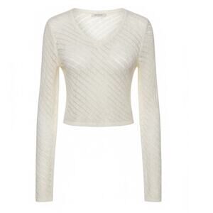 Cream Crochet Knit V Neck Long Sleeve Swim Cover Up Top Medium Vacation Beach